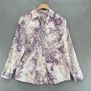 Chicos Shirt Womens 0 US Small Purple Paisley Wrinkle Resistant Button Collared